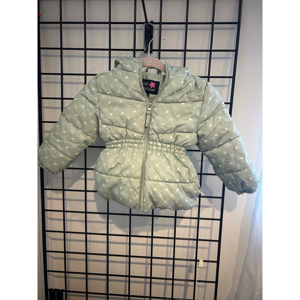Pink Platinum Girls Mint Green Heart Printโ Hooded Puffer Jacket Size 3T